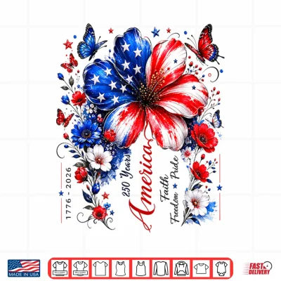 Design Floral USA Flag 250th Anniversary 1776 2026 4th of July Shirt