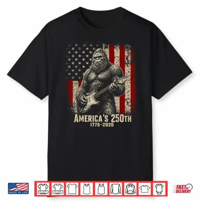 Bigfoot Sasquatch Playing Guitar 250 Years American Usa Flag Shirt