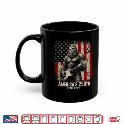 Mug Bigfoot Sasquatch Playing Guitar 250 Years American USA Flag Shirt