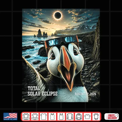Design Total Solar Eclipse Iceland Puffin Selfie August 12 2026 Shirt