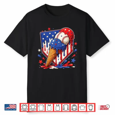 Baseball Drip Ice Cream Patriot American Flag 4Th Of July Shirt