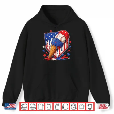 Hoodie Baseball Drip Ice Cream Patriot American Flag 4th of July Shirt