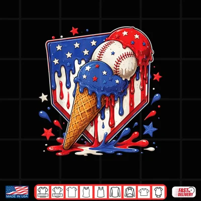 Design Baseball Drip Ice Cream Patriot American Flag 4th of July Shirt