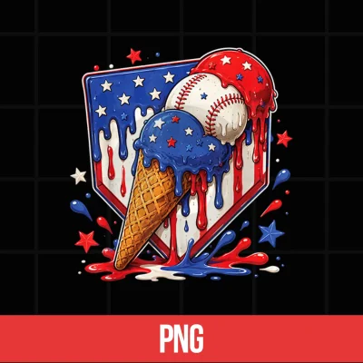 Digital Baseball Drip Ice Cream Patriot American Flag 4th of July Shirt