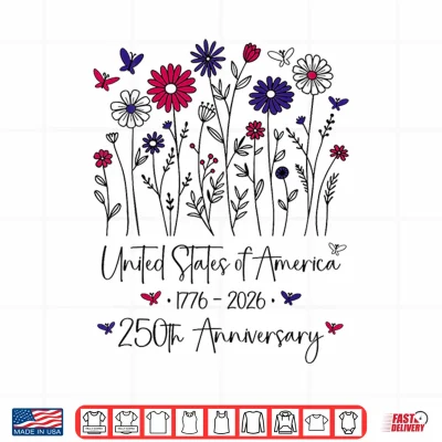 Design 250th Anniversary USA Flowers 250 Years America 4th of July Shirt