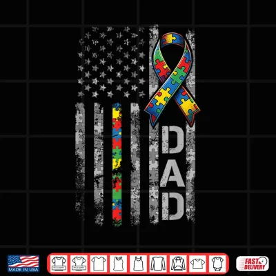 Design Autism Awareness Dad USA Flag Fathers Day Daddy Men Gifts Shirt