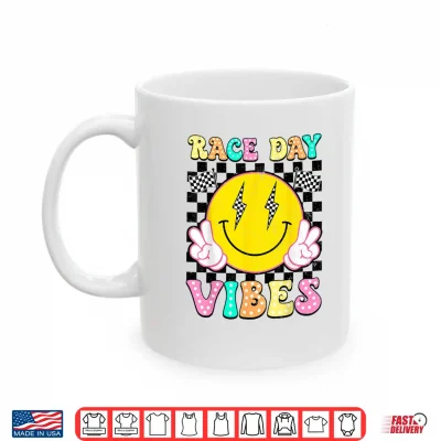 Mug Race Day Vibes Checkered Flag Happy Face Car Racing Racer Shirt