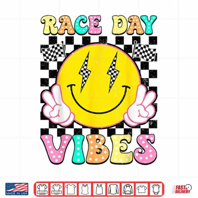 Design Race Day Vibes Checkered Flag Happy Face Car Racing Racer Shirt