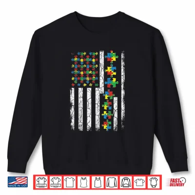 Sweatshirt US American Flag with Puzzles for Autism Day Shirt