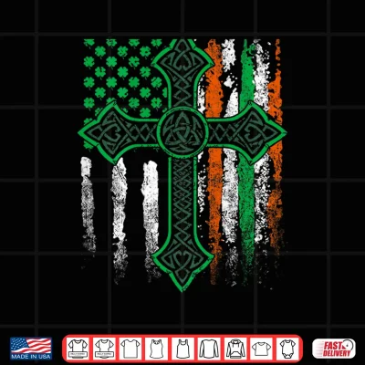 Design Celtic Cross Irish American Flag St. Patricks Day on Back Shirt