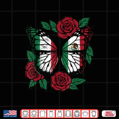 Design Mexican Flag Independence Day Red Roses Butterfly Heritage Shirt
