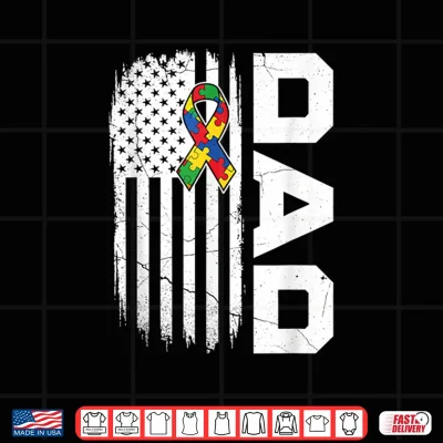 Design Autism Dad Awareness USA Flag Fathers Day Shirt