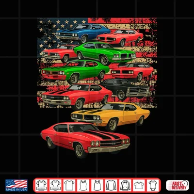 Design Muscle Cars Classic Car Guy American Flag Fathers Day Dad Shirt