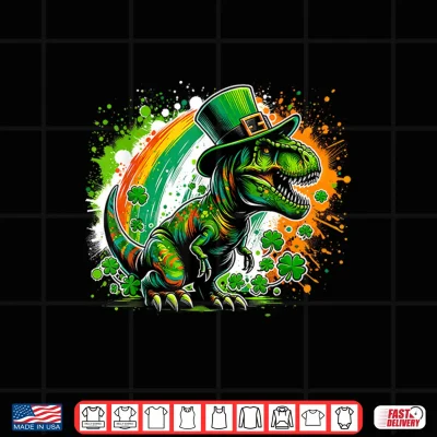 Design St Patricks Day Dinosaur T Rex Leprechaun Hat Ireland Flag Shirt