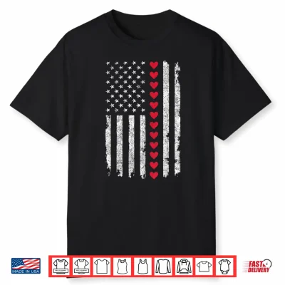 Valentines Day Us American Flag Red Hearts Patriotic Love Shirt