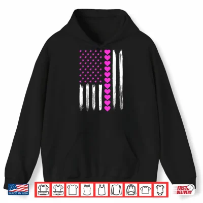 Hoodie Valentines Day Pink Hearts US American Flag Patriotic Lover Shirt