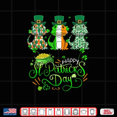 Design Three Cute Bearded Dragons Patricks Day Ireland Flag Shirt