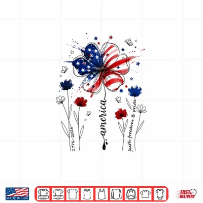 Design Independence Day Patriotic American Flag USA Flower Women Shirt