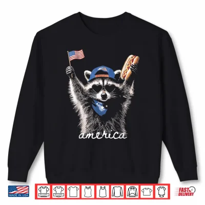 Sweatshirt Retro Funny America Raccoon Hot Dog Lovers Patriotic US Flag Shirt