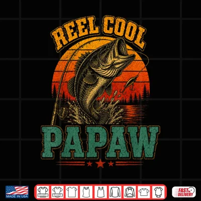 Design Reel Cool Papaw Vintage Fishing Retro Sunset Fathers Day Shirt