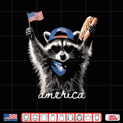 Design Retro Funny America Raccoon Hot Dog Lovers Patriotic US Flag Shirt