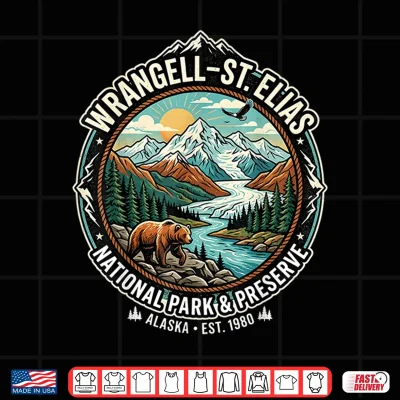 Design Wrangell St Elias National Park Alaska Retro Grizzly Emblem Shirt