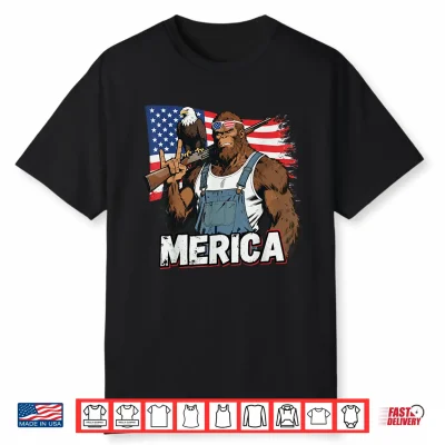Bigfoot Merica Rock Usa Flag Patriotic Sasquatch 4Th Of July Shirt