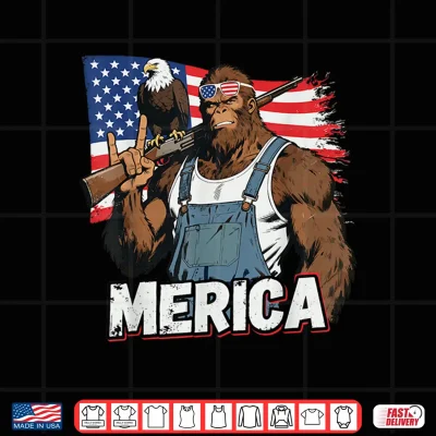 Design Bigfoot Merica Rock USA Flag Patriotic Sasquatch 4th of July Shirt