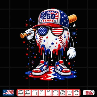 Design 250 Years Baseball Drip Ice Cream Boys 4th of July American Shirt