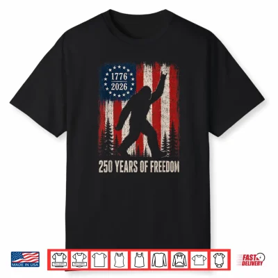 Black-T-Shirt-250 Years Freedom Bigfoot Rock America Sasquatch Patriotic Shirt