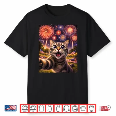 4Th Of July Funny Cat Selfie With Fireworks Independence Day Shirt