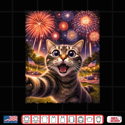Design 4th of July Funny Cat Selfie with Fireworks Independence Day Shirt