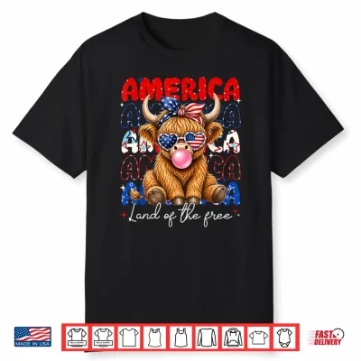 America Land Of The Free Highland Cow Patriotic Women Girl Shirt