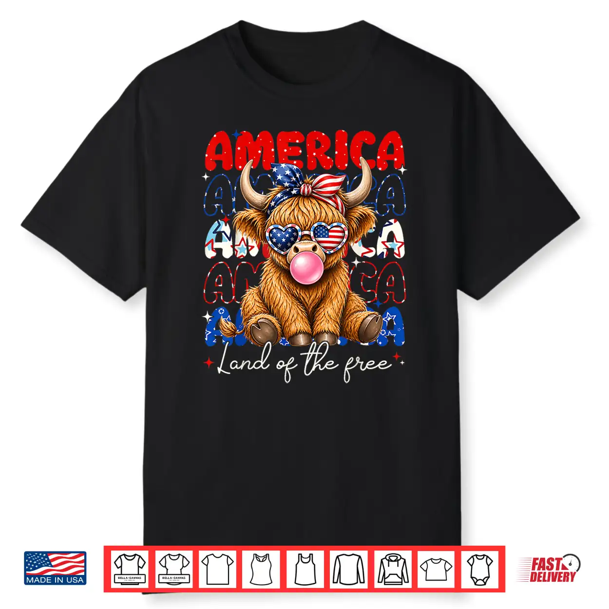 America Land Of The Free Highland Cow Patriotic Women Girl Shirt America Land Of The Free Highland Cow Patriotic Women Girl Shirt