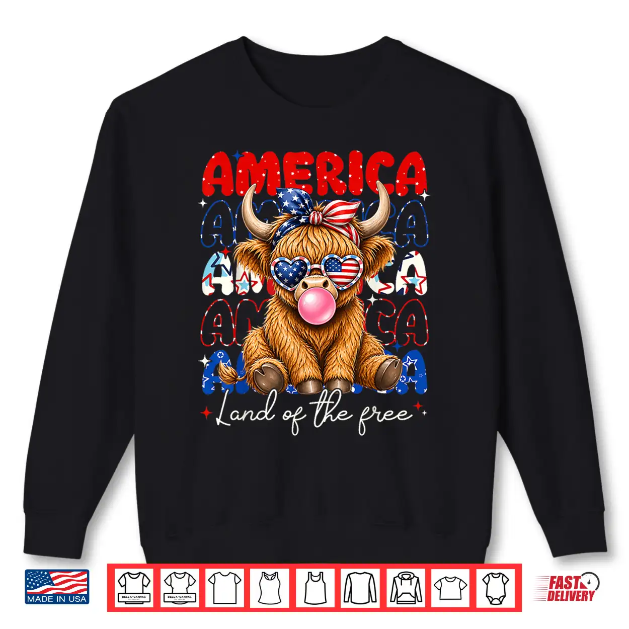 America Land Of The Free Highland Cow Patriotic Women Girl Shirt America Land Of The Free Highland Cow Patriotic Women Girl Shirt