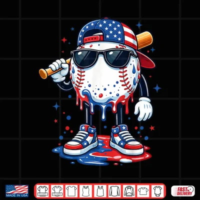 Design Baseball Drip Ice Cream 4th of July American USA Flag Boys Shirt