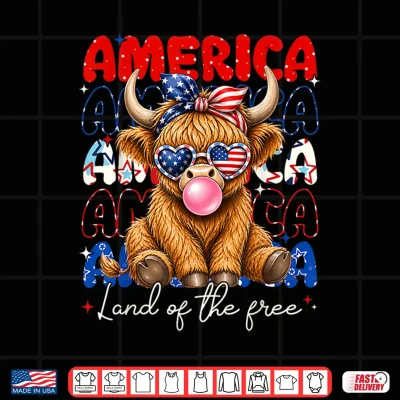 America Land Of The Free Highland Cow Patriotic Women Girl Shirt 4 Design America Land of The Free Highland Cow Patriotic Women Girl Shirt 1