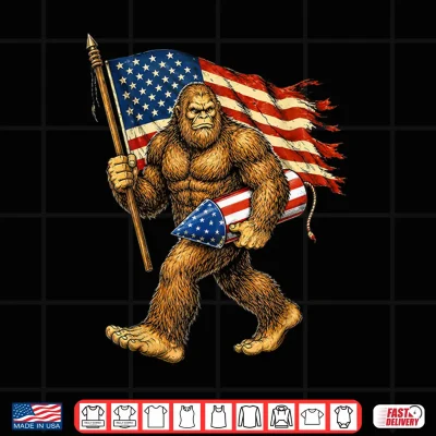 Design Bigfoot Fireworks 4th of July Men Sasquatch American Flag Shirt