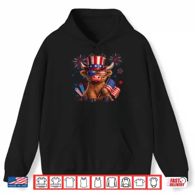 Hoodie Highland Cow 4th of July Vintage American Flag Shirt