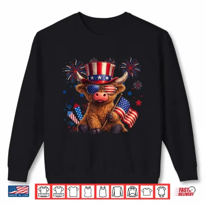 Sweatshirt Highland Cow 4th of July Vintage American Flag Shirt