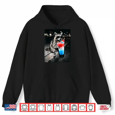 Hoodie Patriotic Red White Blue USA 4th of July Racoon Drinking Shirt