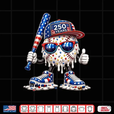 Design 250 Years Boys Girls Cool Baseball Ice Cream Drip for 4th of Shirt