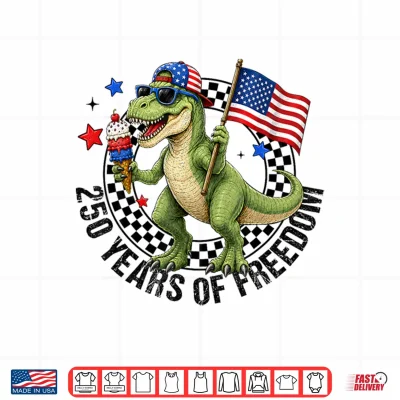 Design Boy 4th of July T Rex Happy 250 America 1776 2026 Dinosaur Shirt