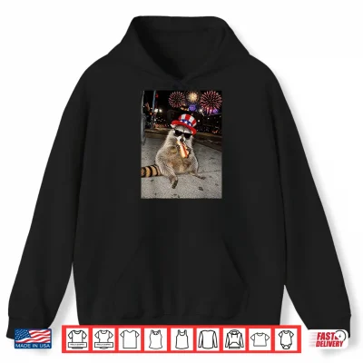 Hoodie Funny Raccoon Eating Hot Dog 4th of July Men Women Kids Shirt