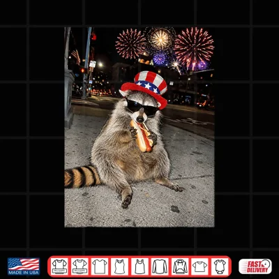 Design Funny Raccoon Eating Hot Dog 4th of July Men Women Kids Shirt
