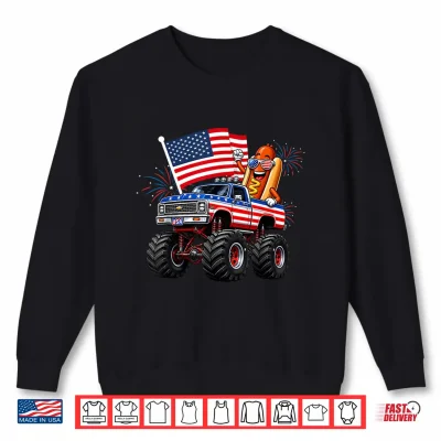Sweatshirt Monster Truck Hotdog 4th of July USA American Flag Men Boys Shirt