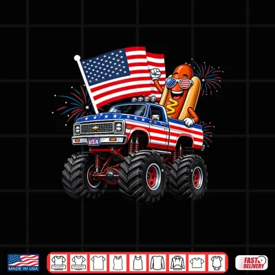 Design Monster Truck Hotdog 4th of July USA American Flag Men Boys Shirt