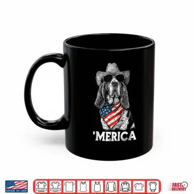 Mug Basset Hound American Flag Bandana Cowboy Hat Sunglasses Shirt