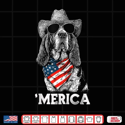 Design Basset Hound American Flag Bandana Cowboy Hat Sunglasses Shirt