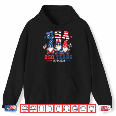Hoodie Patriotic Gnomes 250 Years 4th of July USA American Flag Shirt